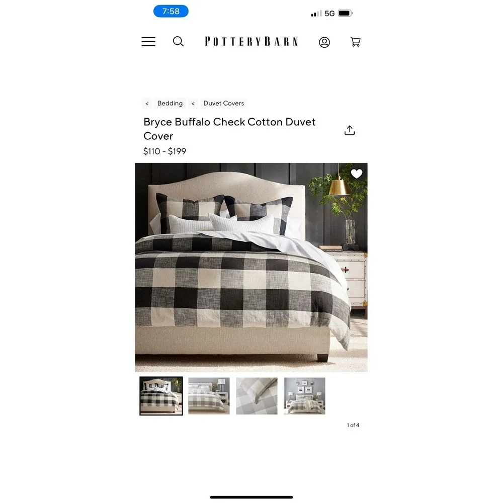 Pottery Barn Bryce Buffalo Check Cotton Duvet‎ Cover Full/Queen Charcoal Grey